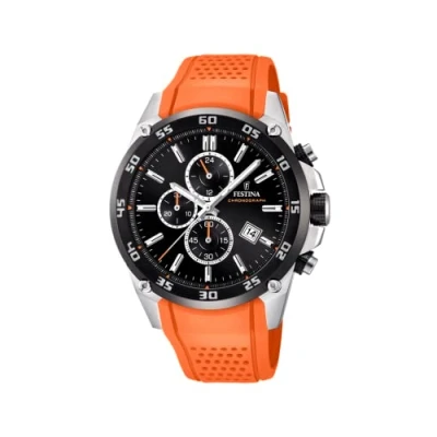 Image of Festina &#039;The Originals collection&#039; Men&#039;s Quartz Watch with Black Dial Chronograph Display and Orange Rubber strap F20330/4