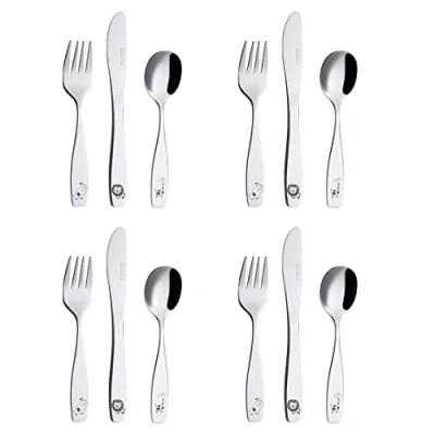 Image of EXZACT Children&#039;s Cutlery12pcs Stainless Steel 18/10 Kids Toddler Cutlery 4 x Forks, Safe Dinner Knives, Table Spoons Safari Giraffe Elephant Lion