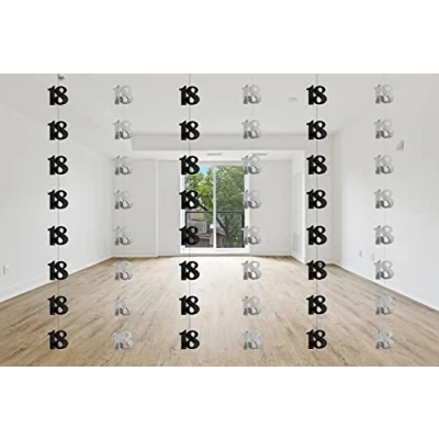 Image of SHATCHI Age Hanging String 13th 90th Glitz Anniversary Birthday Metallic Shiny Foil Banner Party Door Wall Decorations Pack of 6, Black and Silver, one