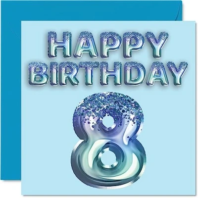 Image of 8th Birthday Card for Boys Blue Glitter Party Balloon Happy Cards 8 Year Old Boy Grandson Son Brother Nephew, 145mm x Eight Eighth Bday Greeting Gift