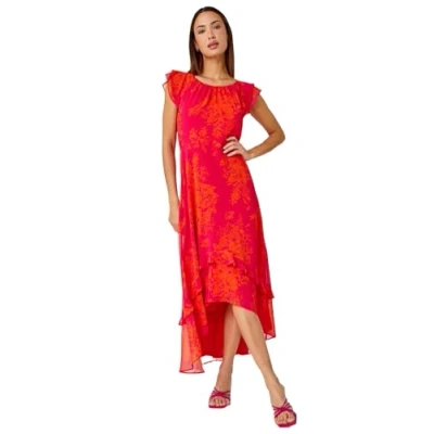 Image of Roman Originals Floral Frill Detail Chiffon Midi Dress for Women UK Ladies Everyday Holiday Spring Summer Round Neckline Comfy Soft Evening Vacation Work Party Fuchsia Size 12