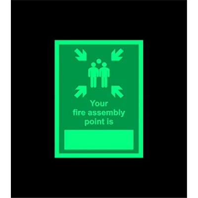 Image of Your Fire Assembly point is emergency evacuation Safety sign 1.2mm Photoluminescent glow in the dark rigid plastic with self adhesive backing 300mm x 200mm