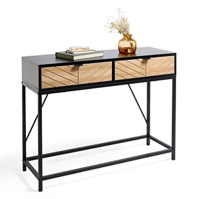 Image of VonHaus Console Table with Drawers Chevron Black &amp; Light Wood Effect Hallway Modern 2 Drawer Entryway Industrial Hall w/Metal Frame Storage for Living Room Lounge Dalton