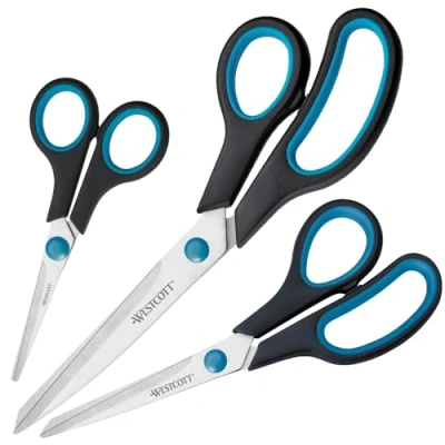 Image of Westcott Easy grip Scissors 3 pieces Blue Set of universal with comfort Extra sharp &amp; durable stainless steel blade for crafting, household, school office N 90032 00