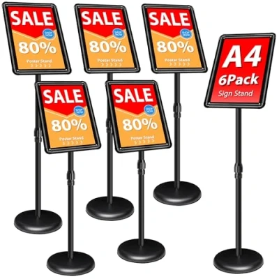 Image of VAIIGO 6Pack Poster Stand A4 Adjustable Sign Floor Standing Holder Aluminum Snap Frame Display for Poster, Advertising, Notice, Signage, Menu Stand, Black