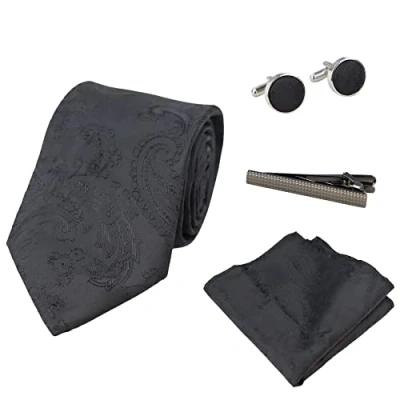 Image of TruClothing Paisley Neck Tie Gift Set Pocket Square Cuff Links Floral Satin Black 115 One Size