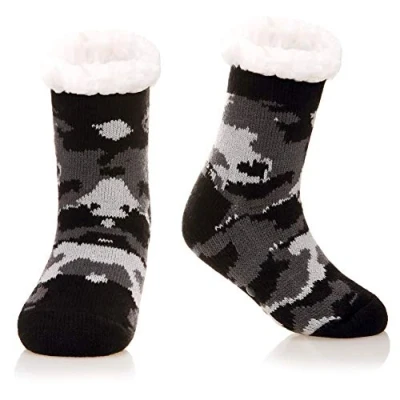 Image of Kids Boys Girls Fuzzy Slipper Socks Soft Warm Thick Fleece lined Christmas Stockings For Child Toddler Winter Home Socks, Black Camouflage, 8 12 Years