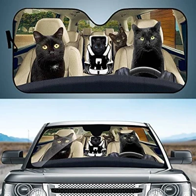 Image of UOIMAG Black Cat Family Print Car Sun Shade Front Window Visor Universal Windshield Sunshades Fit Auto SUV Truck Vehicle(57.1x27.4 Inch)