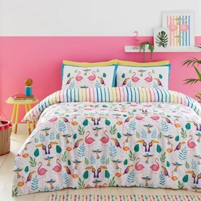 Image of Fusion Tropical Flamingo Duvet Cover King Bedding Size (230 x 220cm) Reversible Design (Rainbow Stripes) Birds (Toucan) Gifts Bright Colours