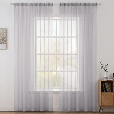 Image of MIULEE 2 Panels Solid Color Sheer Window Curtains Smooth Elegant Voile Panels/Drapes/Treatment for Bedroom Living Room Light Gray 55&quot; Wx96 L, Rod Pocket