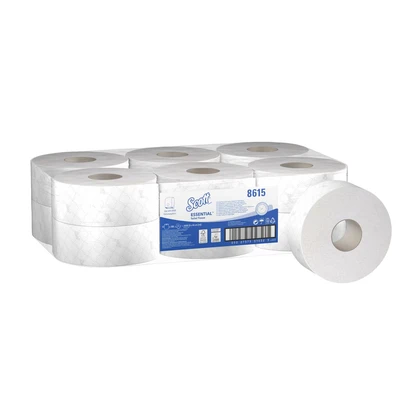 Image of Scott Essential Jumbo Roll Toilet Tissue 8615 2 Ply Paper 12 Rolls x 500 White Sheets (2,400m)