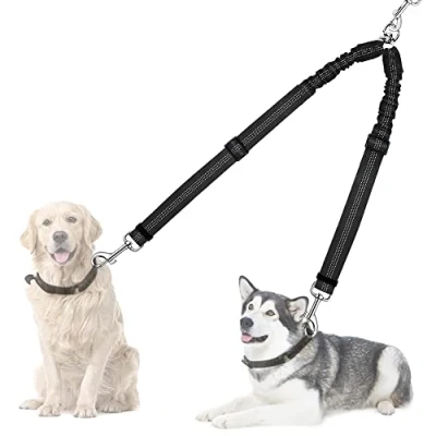 Image of Nasjac Double Dog Lead Splitter, No Tangle 360ｰ Rotation Leash Coupler for Walking 2 Dogs, Adjustable Shock Absorbing Bungee Reflective Dual Two Pets Dogs Medium Large Training