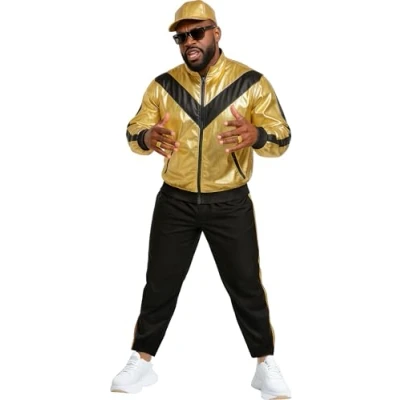 Image of FIESTAS GUIRCA Metallic Gold Tracksuit Mens Fancy Dress Costume Shiny 90s Hip Hop Shell Suit 80s Baseball Jogging Men Size L 42 44