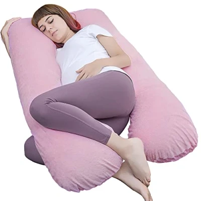 Image of AS AWESLING Pregnancy Pillow, U Shaped Full Body Nursing, Support and Maternity Pillow for Pregnant Women with Removable Velour Cover (Pink)