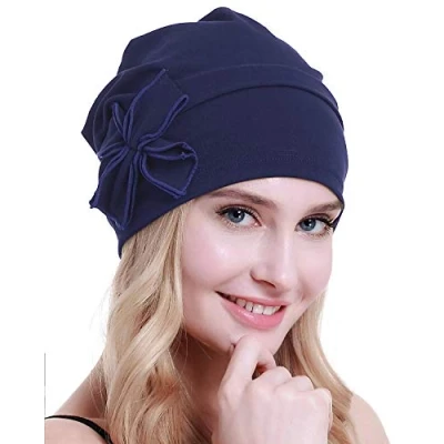 Image of osvyo Cotton Chemo Turbans Headwear Beanie Hat Cap for Women Cancer Patient Hairloss Denim Blue