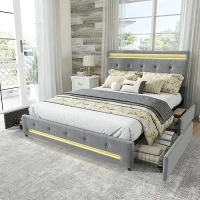 Image of BTM Double Bed Frame 4FT6 135x190cm, with 4 Drawers and Light Strips Around, Upholstered Headboard &amp; Metal Underbed Bracket, Grey Velet Bed, No Mattress