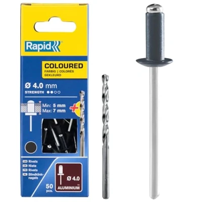 Image of Rapid High Performance Anthracite Grey Aluminium Rivets, Ø4 x 10 mm 4mm Rivets for Gutters, Piping, and Sheet Metal Includes Drill 50 Pieces, Carton Boxed (5001465)