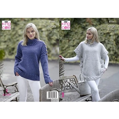 Image of King Cole 5154 Knitting Pattern Womens Poncho and Sweater Fashion Aran,Multicolor,32&quot; 42&quot; bust