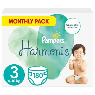 Image of Pampers Baby Nappies Size 3 (6 10 kg / 13 22 lbs), Harmonie, 180 Nappies, Monthly Savings Pack, Premium Cotton