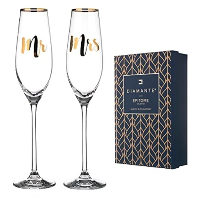 Image of DIAMANTE Crystal Champagne Flutes or Prosecco Glasses ‘Mr &amp; Mrs’ Set of 2 Painted with Real Gold (Mr Mrs)