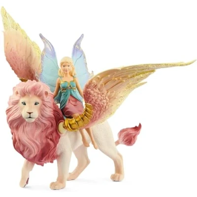 Image of schleich BAYALA 70714 Fairy in Flight on Winged Lion with Moveable Parts, Detachable Toy Figurine Riding Magical Pink Lion, for Children aged 5 12 Years, Model Specific