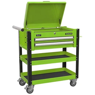 Image of Sealey Superline Pro Heavy Duty Mobile Tool &amp; Parts Trolley 2 Drawers Lockable Top Hi Vis Green