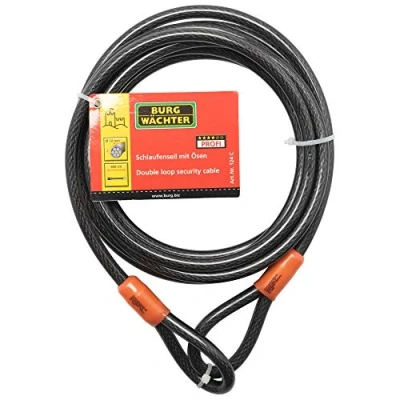Image of Burg Wachter 124C Double Loop Vinyl Coated Multi Stranded Braided Steel Cable with Self Coiling, Black, 12mm x 4.5M