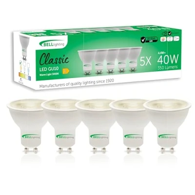 Image of Bell Lighting GU10 LED Bulb 5 Pack Warm White 3000K 350 Lumen 4.4 Watts Energy Saving Light Bulbs 50W Halogen Spotlight Equivalent 38 Wide Beam Non Dimmable