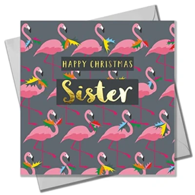 Image of Christmas Card, Sister Flamingoes and Holly, text foiled in shiny gold