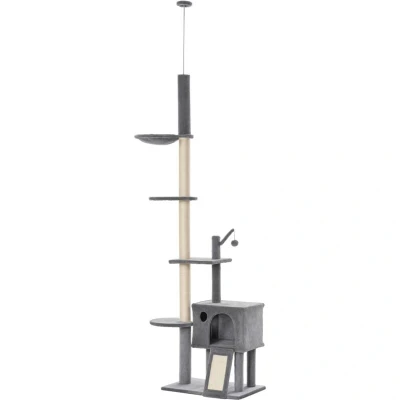 Image of PawHut 270cm Floor To Ceiling Cat Tree House Scratching Post for Indoor Cats Hammock Hanging Ball Activity Center Grey