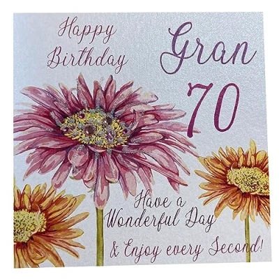 Image of white cotton cards Pink Gerbera, Happy 70 Gran Have a Wonderful Day Handmade 70th Birthday Card, White, WBA70 G