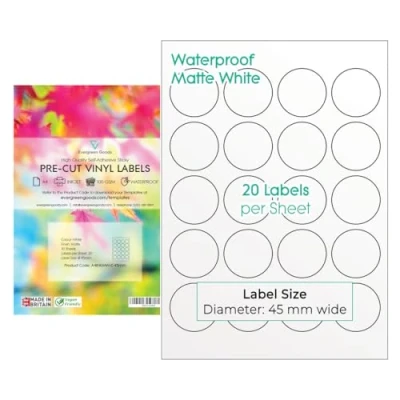 Image of Evergreen Goods™ A4 Round Precut Sticker Labels Waterproof Matte White 45mm (20 per Sheet, 200 in Total) 10 Sheets Inkjet Laser Printable Sticky Back Self Adhesive Circular Circle Vinyl
