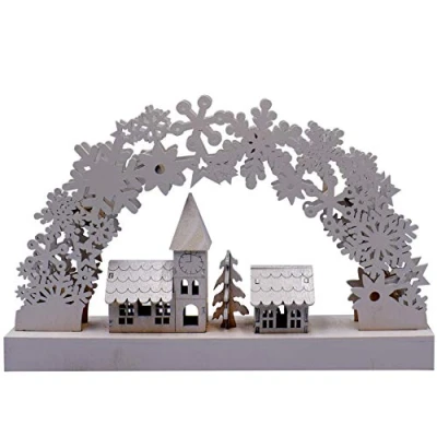 Image of tinsel time LED Wooden Tree Arch Candle Bridge with Christmas Village Scene, 8 Warm White LEDs, Battery Operated, 32cm