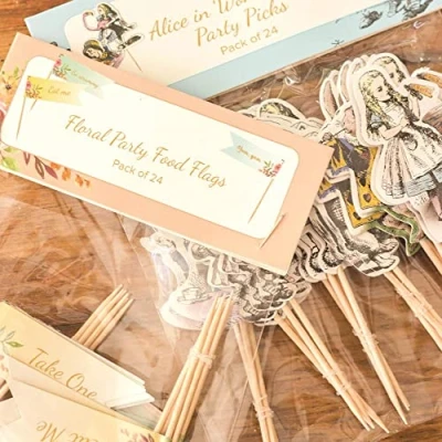 Image of 24 Alice in Wonderland Floral Flags Food Picks and Flags, Mad Hatters Tea Party, Cupcake Decoration, Cake Toppers Decoration