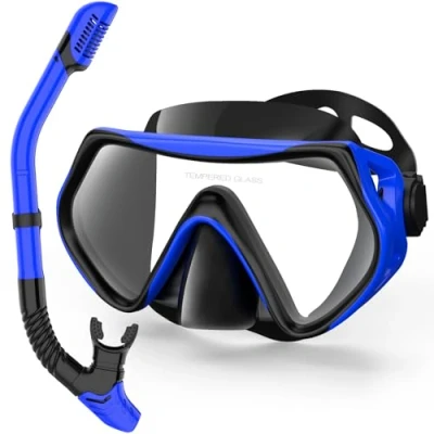 Image of Snorkeling Gear for Adults, Dry Top Snorkel Set Scuba Diving mask, 180Panoramic Wide View Professional Breathing Freely Mask (Blue)