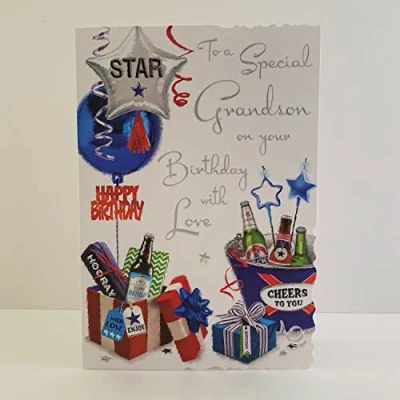 Image of Jonny Javelin Special Grandson Birthday Card Balloons Presents Beer Bottles