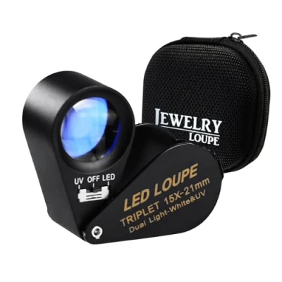 Image of 15x 21mm Optic Glass Loupe 6 LED &amp; UV Magnifier Jeweler Foldaway Pocket Black Frame Triplet Lens Magnifying Gem