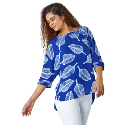 Image of Roman Originals Leaf Print Relaxed Tunic Top for Women UK Ladies Everyday Autumn Winter Round Neckline Comfy Soft Evening Vacation Work Party Night Out Blue Size 10