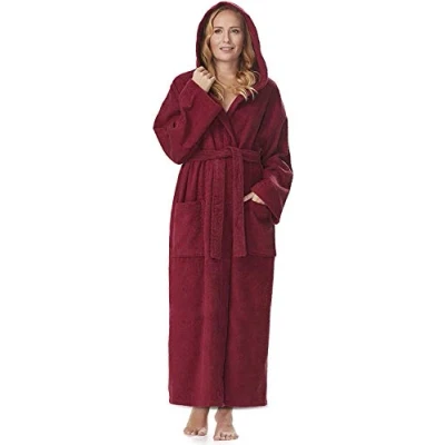 Image of Women`s bathrobe with Hood, Astra, calf length or ankle length, 100% cotton terry towelling wine red Size: Women M Long (Unisex S Long)