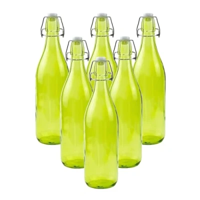 Image of simpa 1 Litre Traditional Vintage Style Glass Bottles with Swing Top Lids Set of 6 Green Bottles.