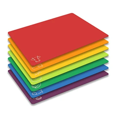 Image of Cutting Board Mats Flexible Plastic Colored with Food Icons, Fotouzy BPA Free, Non Porous, Anti Skid Back and Dishwasher Safe, Set of 7
