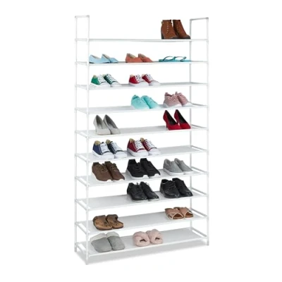Image of Relaxdays XXL Shoe Shelf For 50 Pairs of Shoes, 175.5 x 100 29 cm, Fabric and Metal, 10 Shelves, White