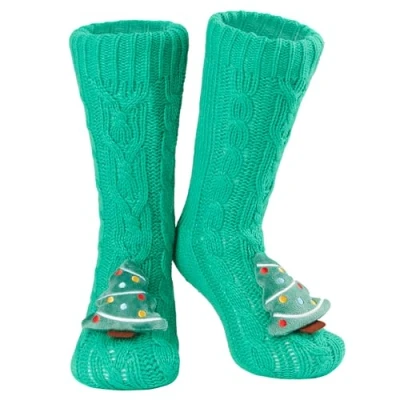 Image of CityComfort Fluffy Socks for Women Teenagers Sherpa Lined Animal Slipper with Non Slip Grip Pads One Size Gifts (Green Christmas Tree)