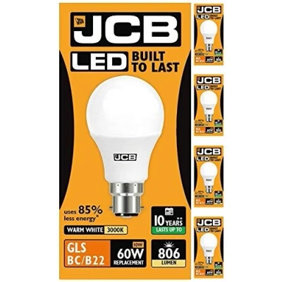 Image of Pack of 5 JCB LED GLS Opal (Frosted) Household Light Bulb Edison Screw (10w Bayonet Cap (3000k Warm White))