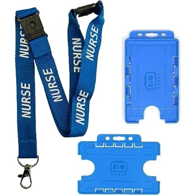 Image of 20mm Blue Nurse Neck Lanyard with Triple (3 Point) Breakaway &amp; Double ID Card Holder (Horizontal Holder)