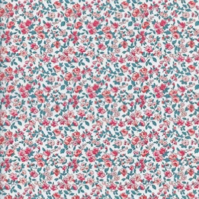 Image of Textiles français la fleur de liberté fabric coral and pink flowers with green leaves on white base cloth 100% Cotton Print 160 cm (63 inches) wide Per half metre length increment*