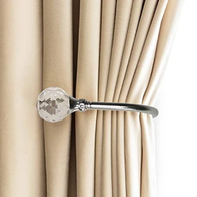 Image of PHOEWON 2 Pack Curtain Holdbacks Acrylic Crystal Ball Tie backs U Shaped Metal Wall Mounted Hook (Small, Silver)