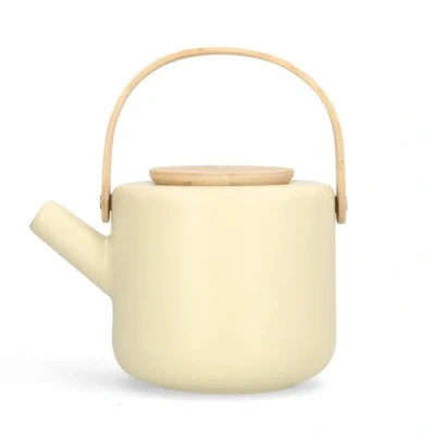 Image of Stelton Theo Teapot Rustic Stoneware Tea Pot, Round Bamboo Lid &amp; Handle Modern Scandinavian Design, Cast Iron Finish Stylish Afternoon Accessories 22x16cm (Sand Colour)