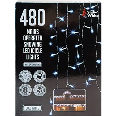 Image of VFM 7.6M Cold White LED Snowing Icicle Christmas Fairy Lights Mains Operated 480 Bulbs Indoor &amp; Outdoor with Optional Timer Multi Function Controls