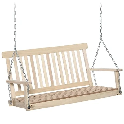Image of Outsunny Outdoor Wooden Swing Bench 2 Seater Porch Chair Hanging Hammock Garden Furniture, Natural